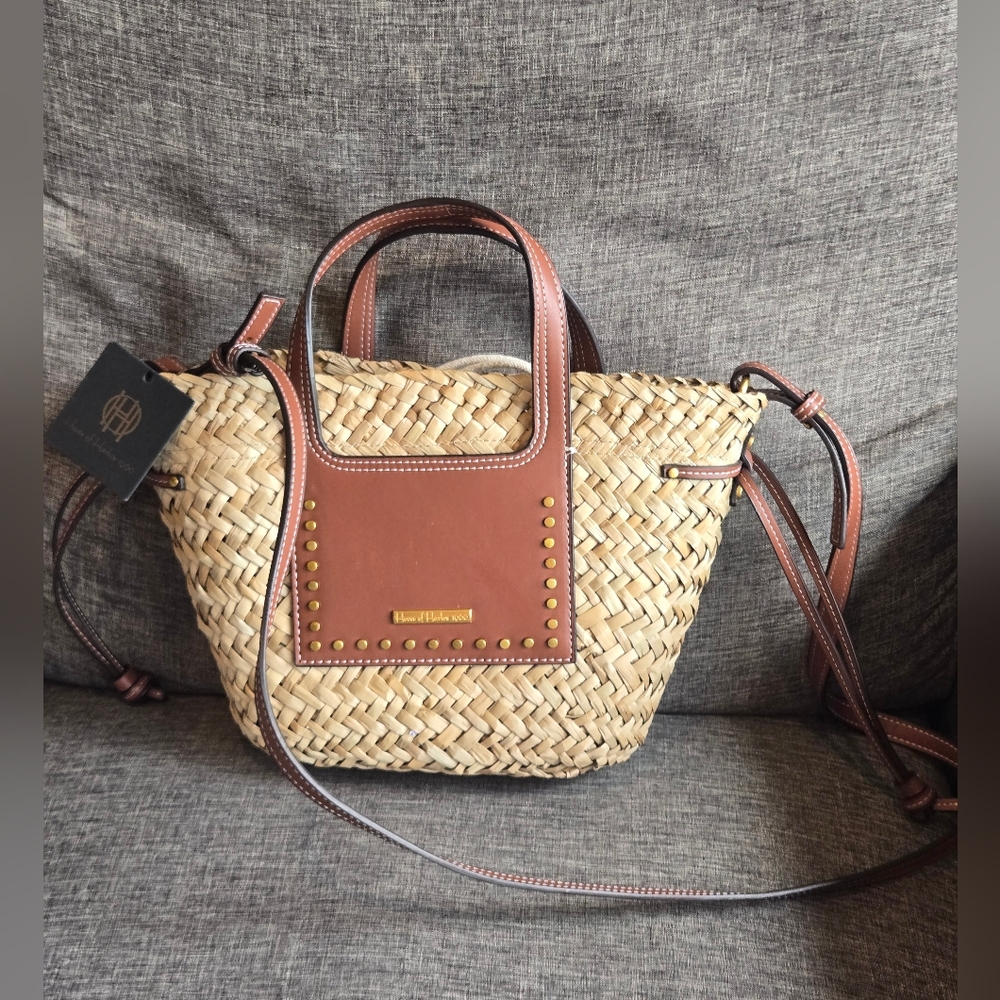 House of Harlow 1960 Woven Straw Bucket Bag with Brown Leather Trim - Picture 2 of 6